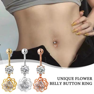 Rhinestone Göbek Halkası Gül Çiçek Göbek Kadınlar Seksi Bar Piercing Vücut Takı