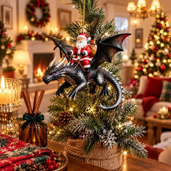 Christmas Door Window Decor Santa Claus Dragon Rider Ornament, 2D Acrylic Red Unique Xmas Ornament for Home with Flying Tree Hanging Decorations