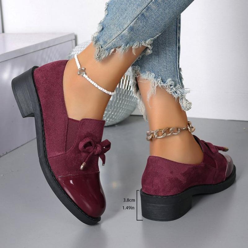 Women's Burgundy Bow Loafers Chunky Heel Slip-On Shoes Retro Two-Tone Dress Shoes