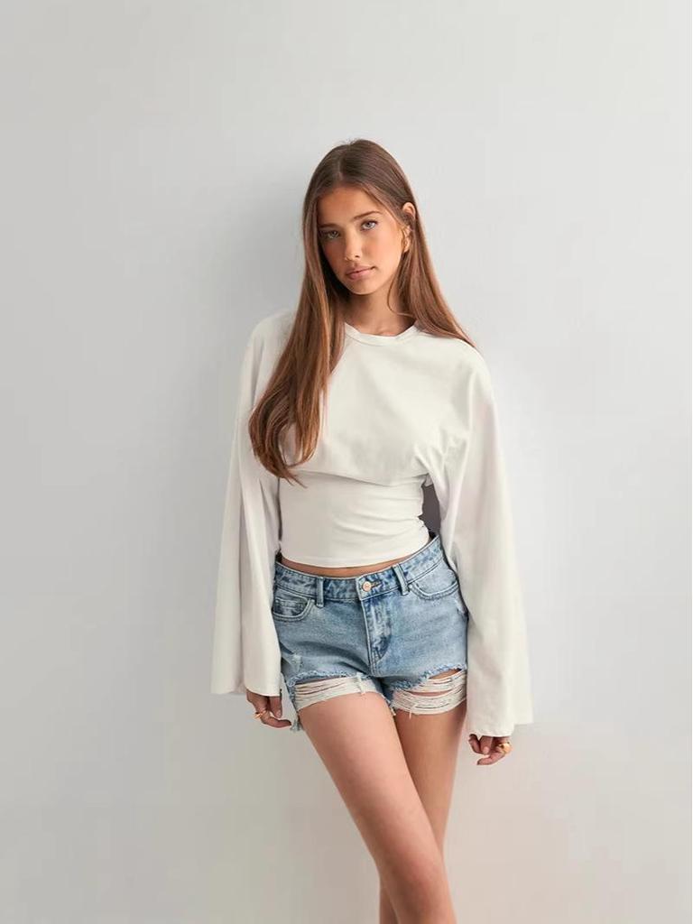 2025 European & American Women's Solid Color Cinched Waist Round Neck Wide Sleeve Top