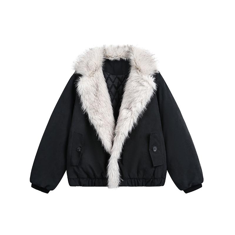 

Unisex Retro Fur Collar Winter Cotton Jacket: Loose, Thick, and Warm Outerwear. XXL чорний