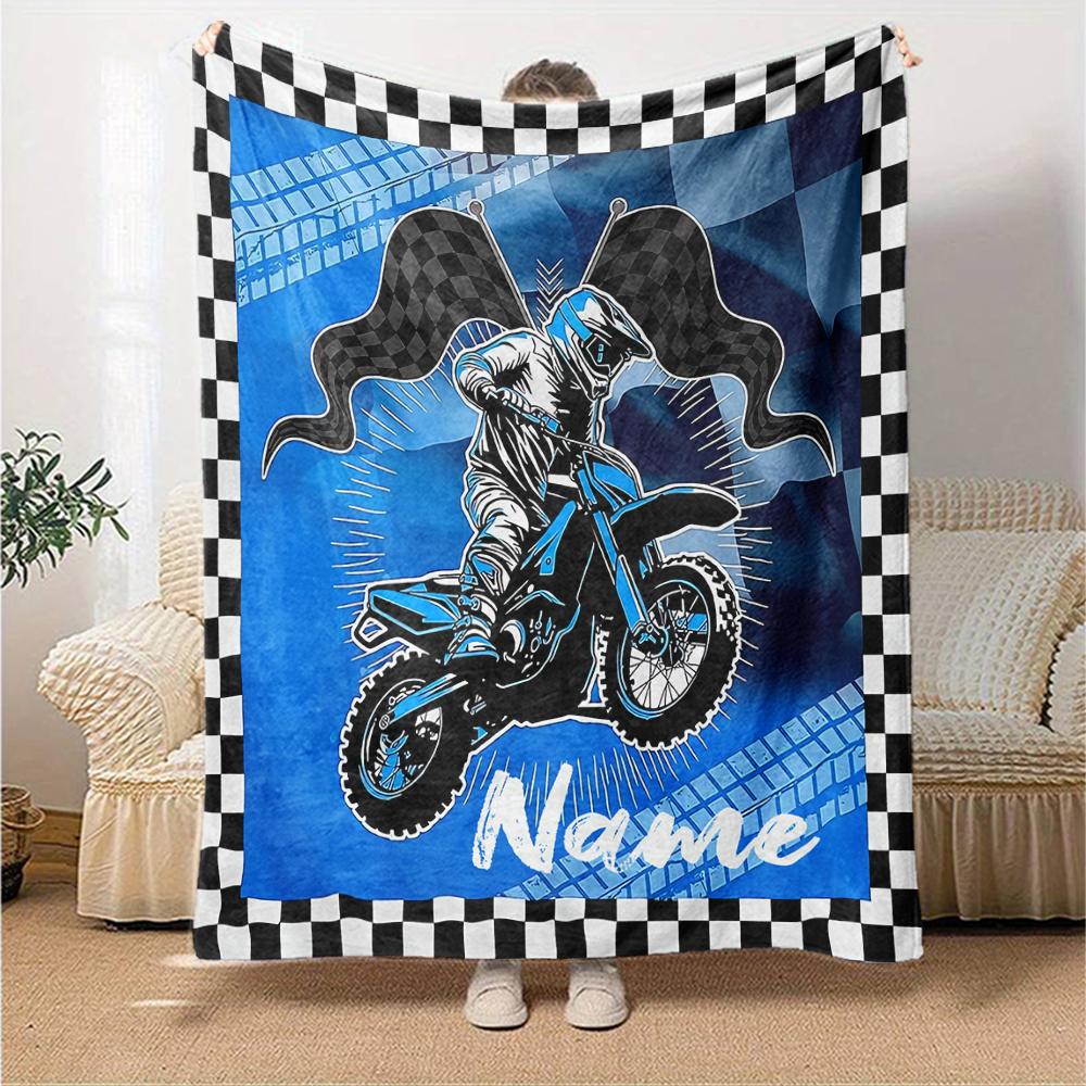 Coperta stampata a tema moto da fuoristrada con nome personalizzato - Perfetta per divano, letto, viaggi e uso all'aperto | Lavabile in lavatrice, accogliente e resistente.