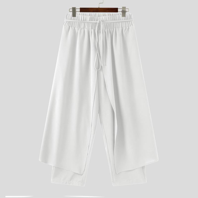INCERUN Men Elastic Waist Layers Solid Color Casual Loose Long Trousers Pants