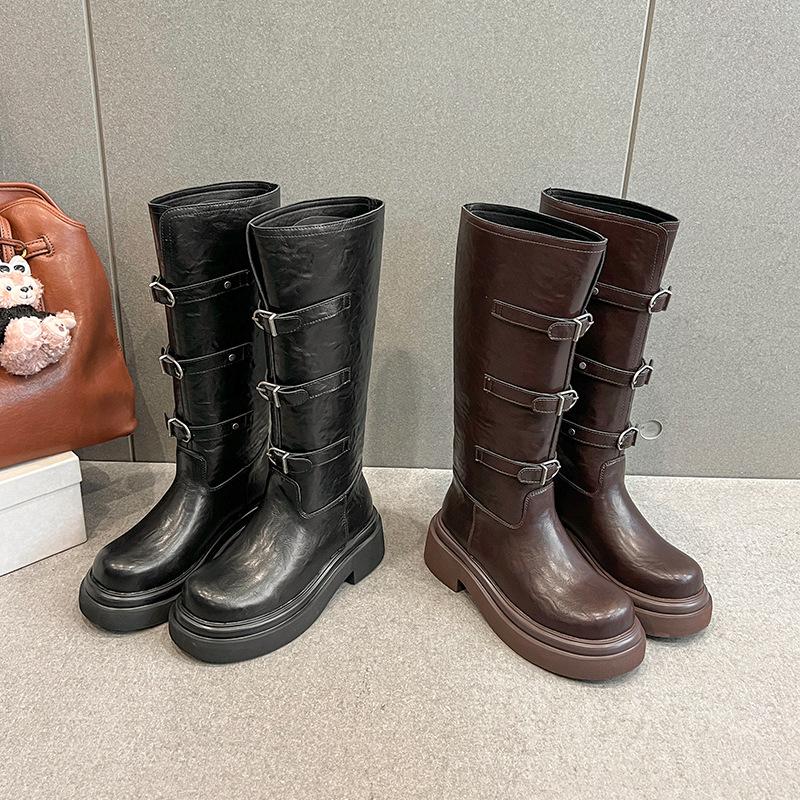 Cowhide Version of Grape Mother, the Same Three-row Belt Buckle Boots, Round Head Thick Sole Heightening Versatile Knight Boots, Women's Boots
