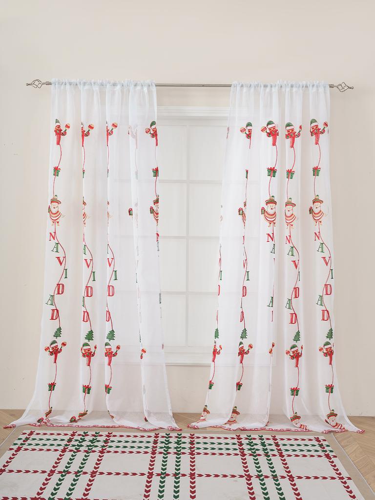 1PC Cartoon Santa Claus Christmas Lace Embroidered Thin Curtain for Bedroom And Living Room Holiday Decorative Window Treatment