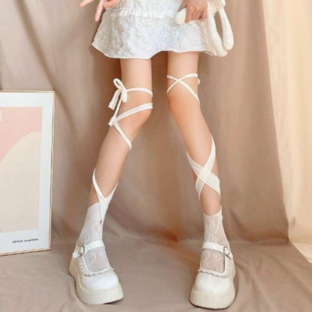 2Pairs Irregular Straps JK Lace-up Stockings Hollow Split Toe Socks  Ladies Girl