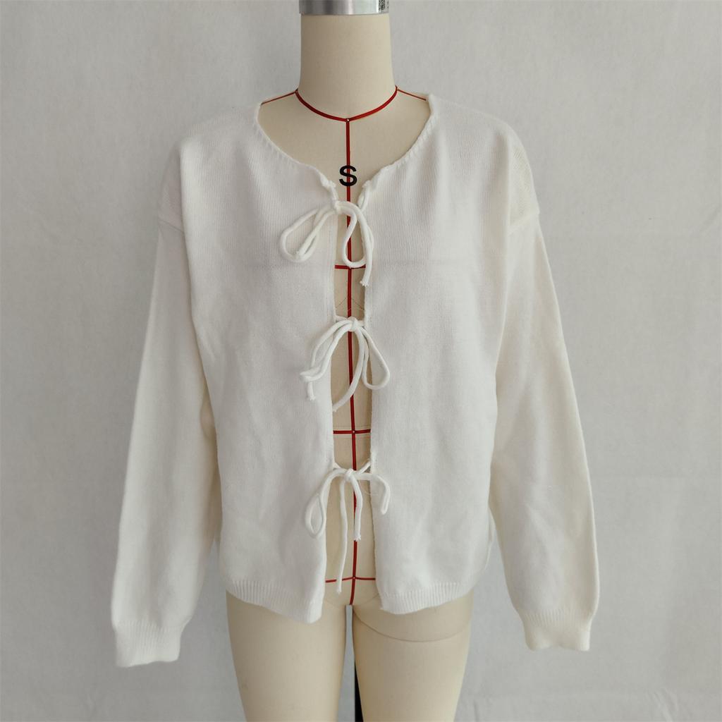 Women's Tie Front Bow Cardigan Sweater Long Sleeve Knit Outwear Coat Lace Up Crew Neck Crochet Cardigan Sweaters for Women Fall Outfit Sweater Jacket