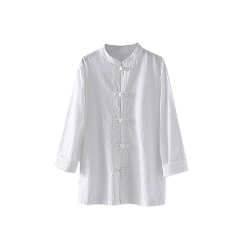 2026 Spring Women's Chinese Retro Linen Stand Collar Shirt with Frog Buttons for Tea Ceremony, Meditation, Zen & Tai Chi Exercise