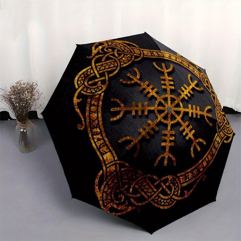 Wikinger Vegvisir Kompass Nordisches Symbol Gold Aufkleber Auto Fenster Laptop WanddekoRegenschirm, Tragbarer 3-Fach-Regenschirm für Männer & Frauen, Weihnachtsgeschenk ES314