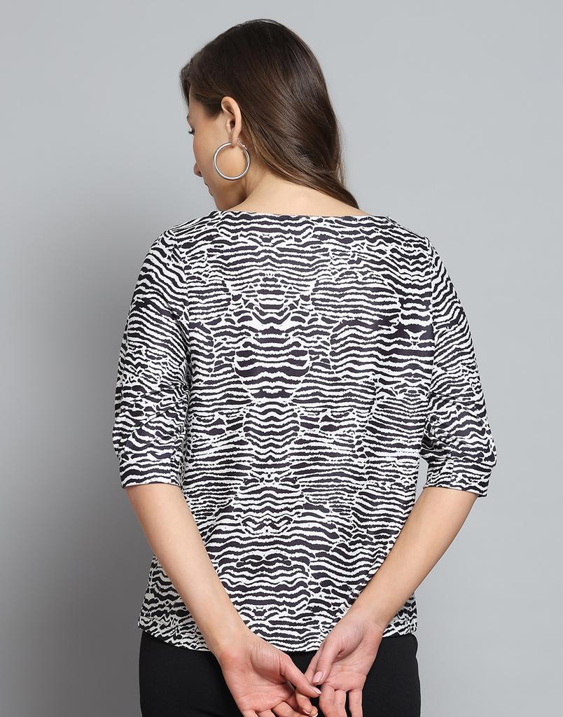 MONTE CARLO Womens Printed Black & White Round Neck 3/4 Sleeve Top