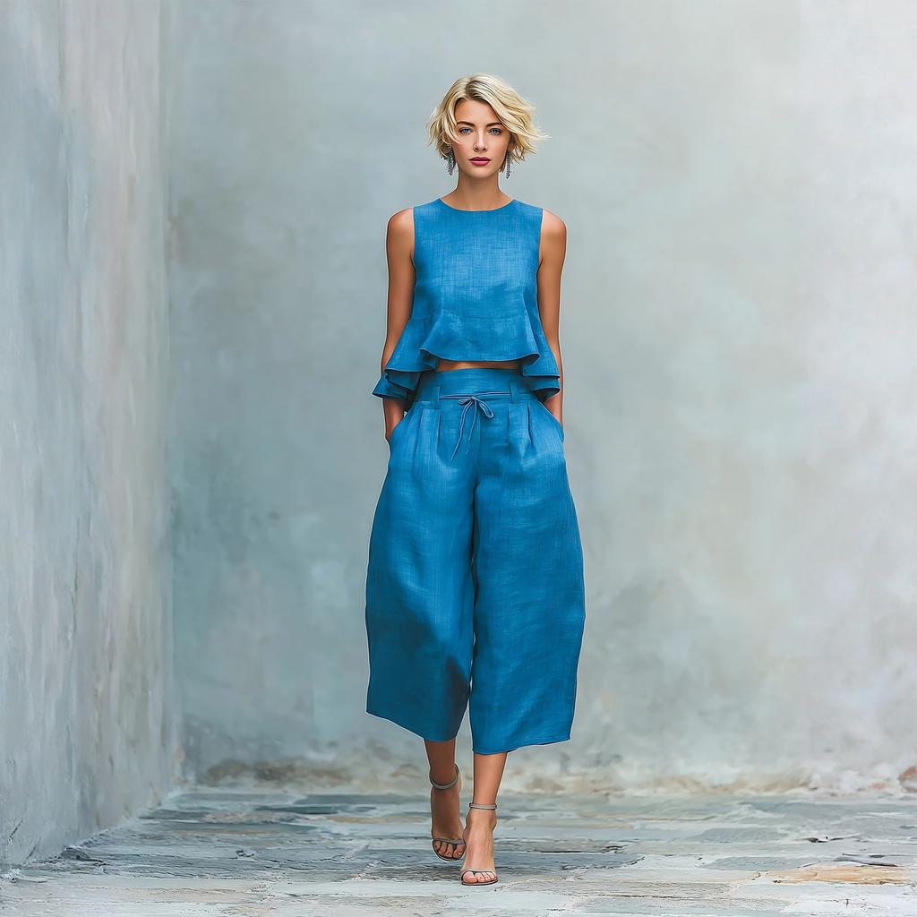 Moda Y Sexy Traje De Lino Con Cinturón Elástico Para Mujer Primavera y Verano Retro Conjunto Casual De Dos Piezas Moda Femenina Color