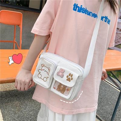 Canvas Small Bag Ins Women Shoulder Bag Cute Funny Personality Embroidery Bear Girl Student Transparent Messenger Bag