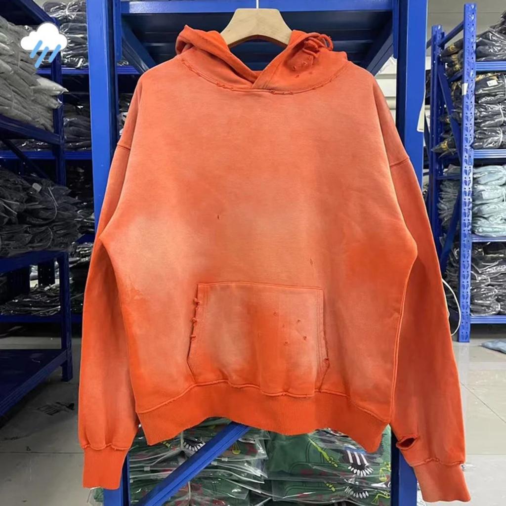 BeatStreet Heavy Fabric Cotton Vintage Washed Orange Damaged Hole Hoodie Men Women Unisex Classic Letters Logo Print Pullovers