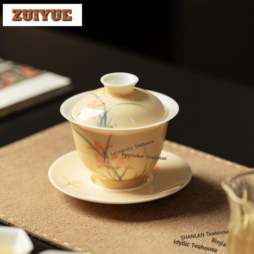 150ml Handbemalter Orchideen-Gaiwan Antike Teekanne Teeschale Mit Deckel Set Teekannen-Abdeckung Schale Teeartikel Zubehör Sammlung