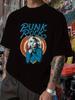 Punk Rock Graphic T-shirt - Black Casual Short Sleeve Tee with Vibrant Orange & Blue Design