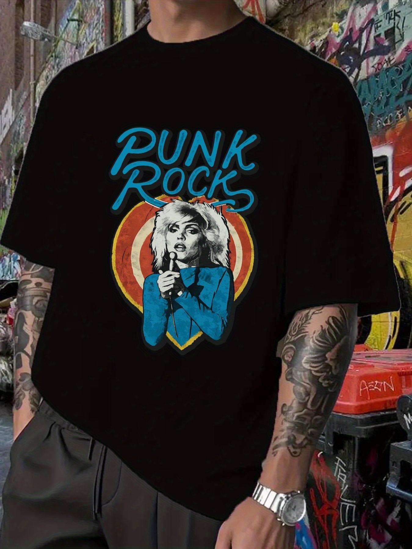 Punk Rock Graphic T-shirt - Black Casual Short Sleeve Tee with Vibrant Orange & Blue Design XXXL