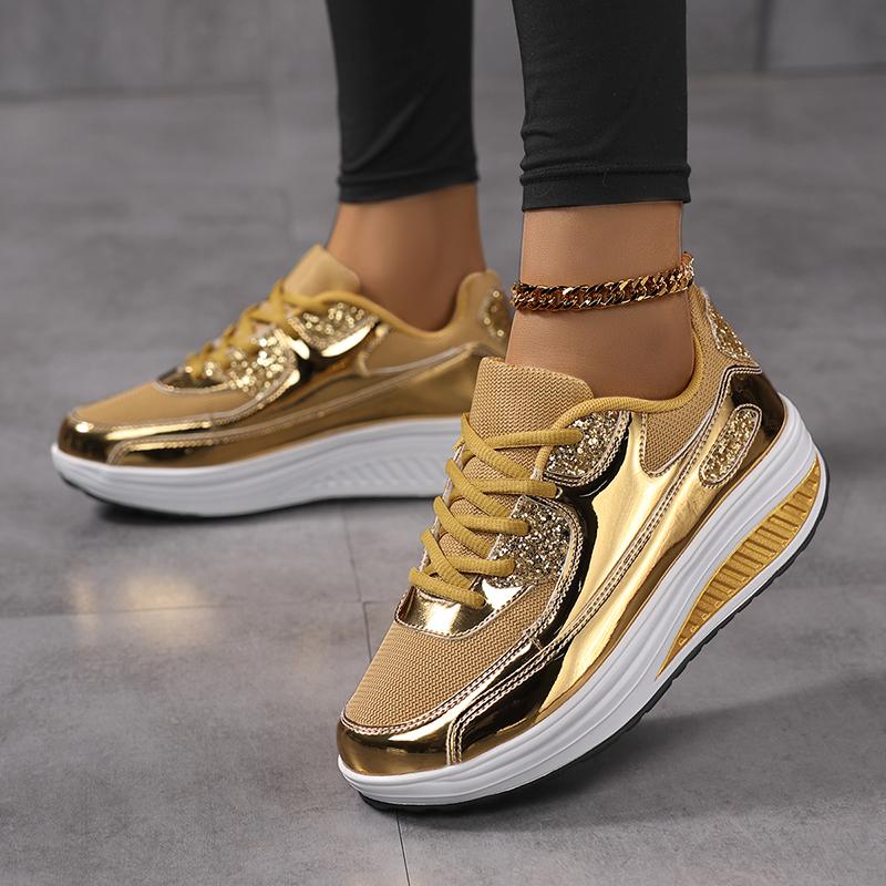 TUINANLE Modische Damenschuhe Bling Silber Dicke Sohle Schnürsenkel Sneakers Glänzend Trend Lässig Atmungsaktiv 43 gold