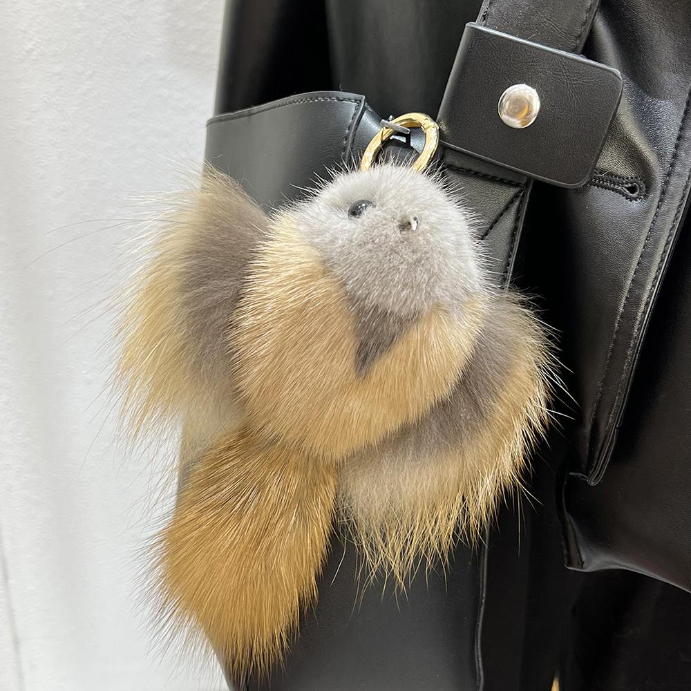 Mink Fur Keychain Men Annunciation Bird Pendant Keyring Bag Key Ornament Genuine Fur Toys Pom Pom Trinket Gifts Women