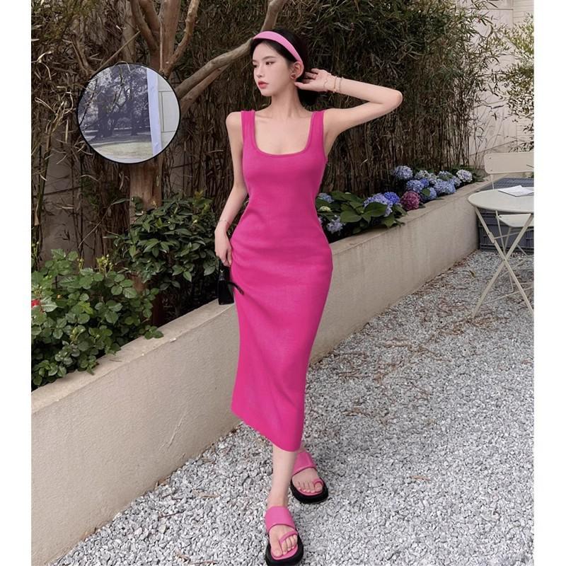 Elegant 2025 Pink Strappy Knit Midi Dress - Cinched Waist, Hip-Hugging Women's Summer Style