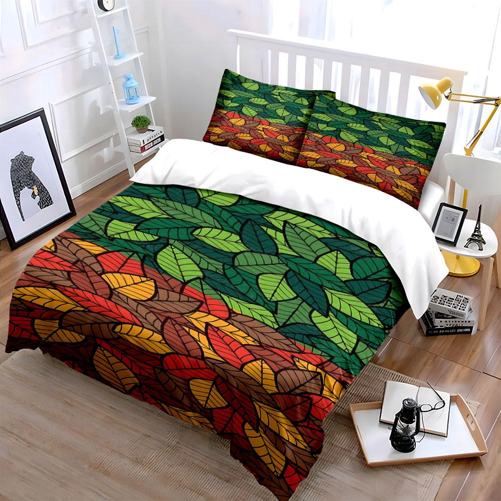 Multicolored overlapping leaf pattern. Bedding sets Duvet cover sets Duvet covers Pillowcases(1*Duvet Cover 2*Pillowcases without duvet insert)