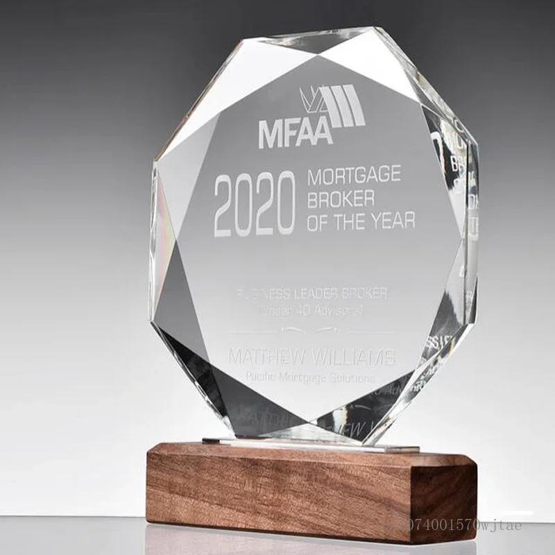 Customized Water Droplet Crystal Trophy Creative Souvenir Excellent Company Annual Meeting Awards Home Decor Wood Base Medal 1Pc
