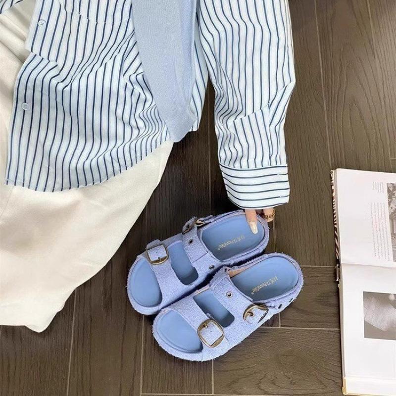 Thick-bottomed heightening Boken cool slippers women's summer 2025 new leather flat-bottomed casual belt buckle one-word slippers