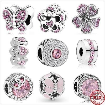 New 925 Sterling Silver Dazzling Pink Butterfly Heart Zirconia Beads Fit Original Charms  Bracelet Bead Jewelry Making