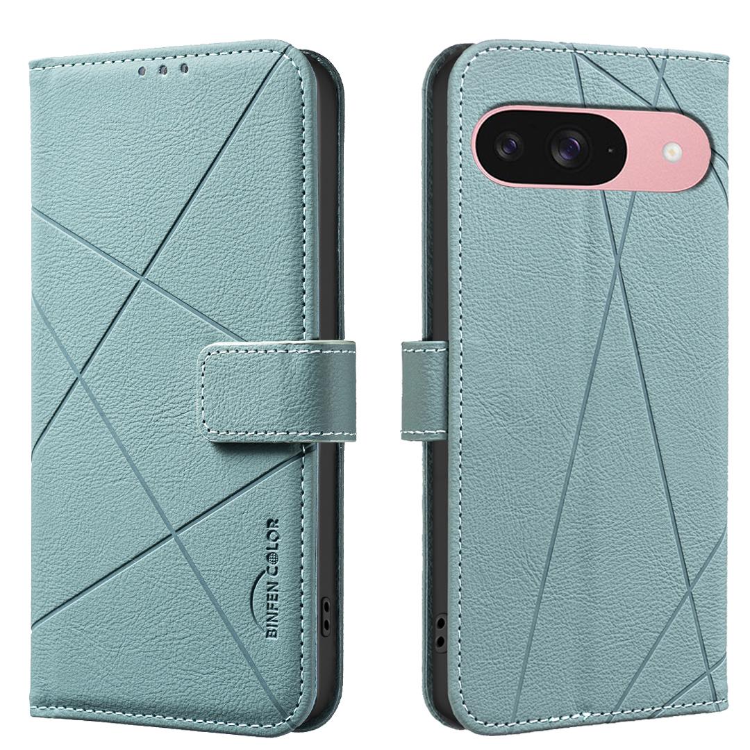 

For Google Pixel 8 Pro Case BINFEN COLOR BF35 Geometry Imprinted Leather Phone Cover RFID Blocking Wallet Stand Green