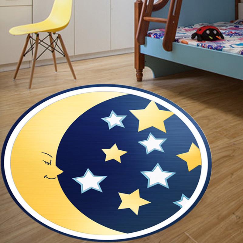 Cute cartoon circular carpet, sky night moon star rocket plane children's room anti slip floor bedroom decoration carpet