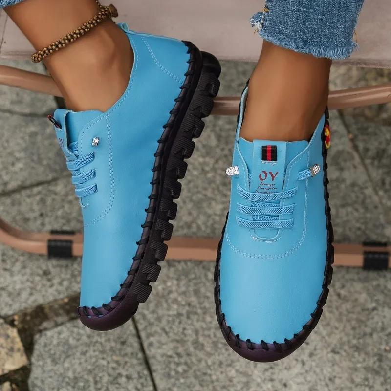 Boty Dámské PU Kůže Mokasíny pro Ženy Pohodlné Nazouvací Baleríny Ručně Šitá Nit Lehké Boty pro Maminku Zapatillas De Mujer