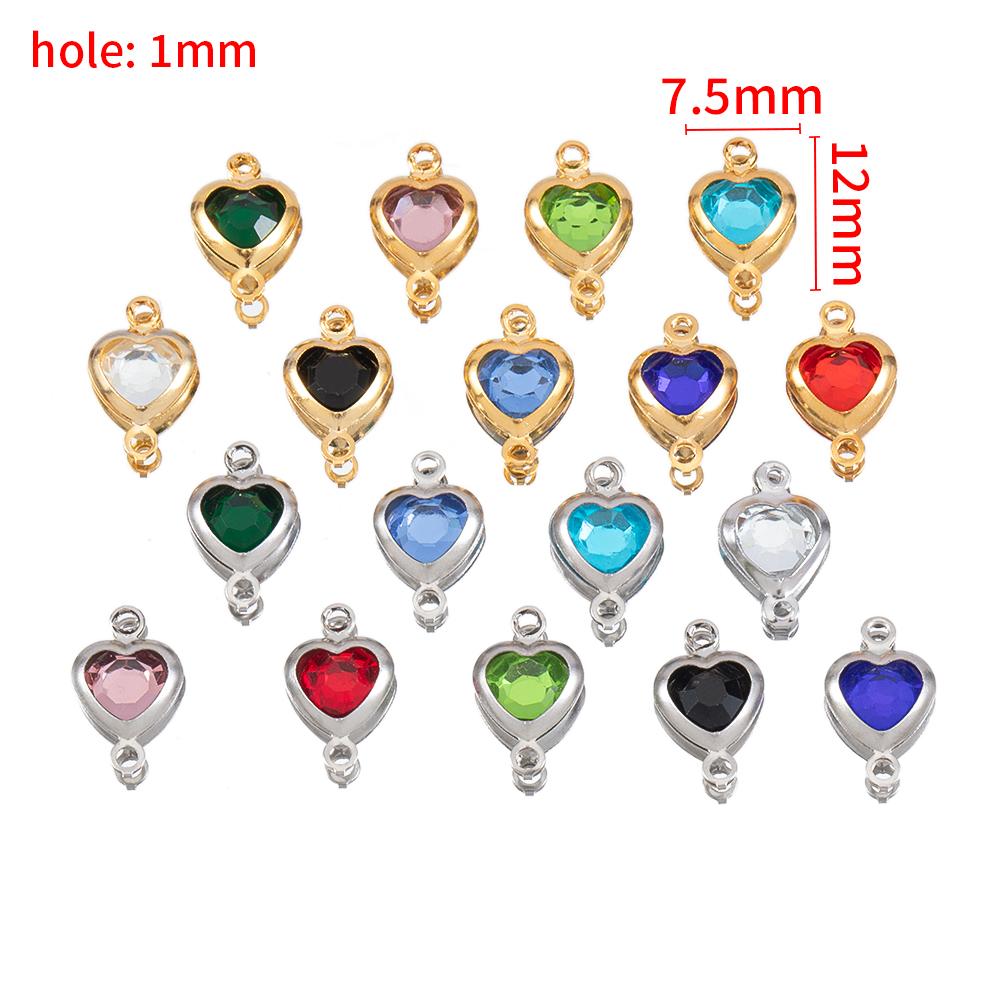 10pcs Glass Heart Pendants Base Stainless Steel Double Hole Colorful Crystal Charms Connector for DIY Necklace Jewelry Makings
