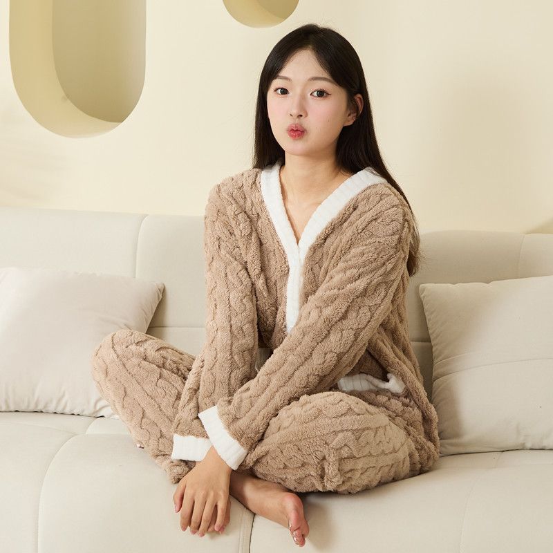 2pcs/Set Autumn and Winter Pajamas Women Thickened Padded Warm Students Coral Girls Clot Velvet Suit Homewear Cardigan Trousers