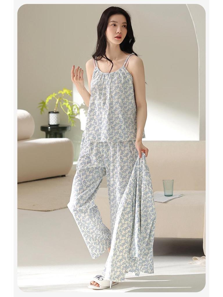 Women's Three-Piece Cotton Pajama Set: Spring Fashion, Printed, Comfortable, Breathable, with Chest Pads, Skin-Friendly.