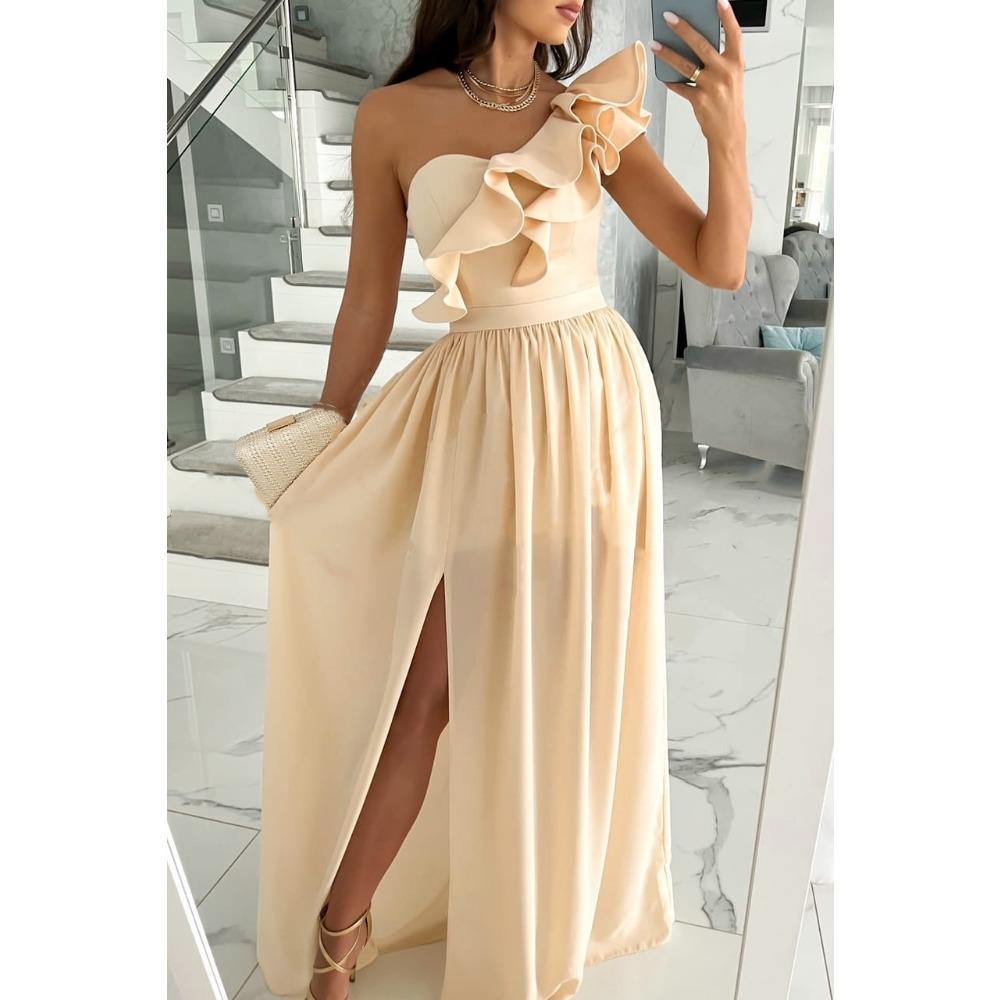 Women's One Shoulder Ruffle Maxi Dress A-Line High Waist Side Slit Solid Formal Evening Party Long Dress