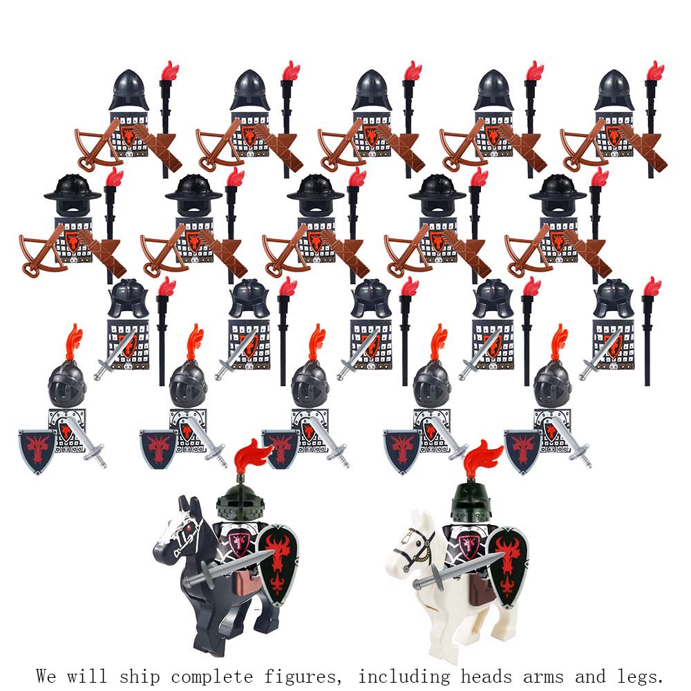 24pz Castello del Drago Cavaliere Malvagio Cavalieri Falco d'Argento Destriero da Battaglia Guerriero di Cavalleria Romana Mattoncino Mini Figura