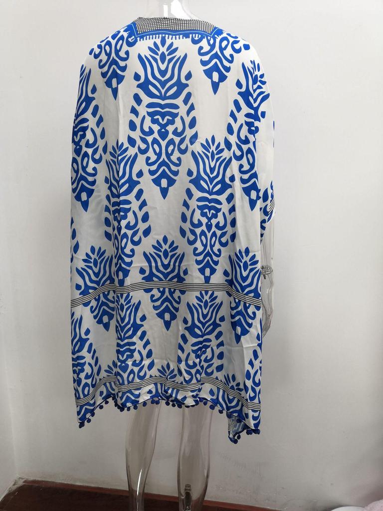 Bali Beach Resort Pom-pom Kimono Cardigan for Women - Printed Short Sleeve Cover-up