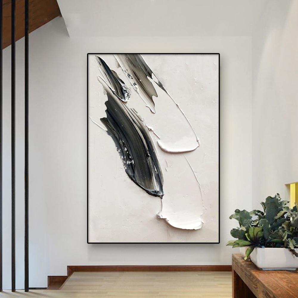 Abstract Wall Art White Painting Poster Large Black And White Print White 3D Textured Wall Art Canvas Painting Living Room Decor