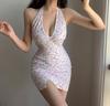 Sexy Low-cut Neck Halter Dress Women's Summer Fashion Small Fresh Floral Design Open-ended Hip-wrapped Short Skirt