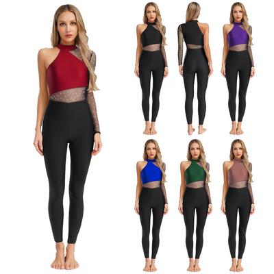 One Shoulder Dance & Stage Bodysuit for Women S-XXL: Sparkling Rhinestone & Sheer Mesh Long Sleeve Gymnastics Costume