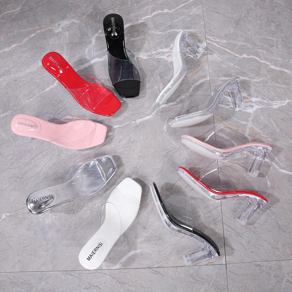 Summer sandals female thick heel square head fairy wearing fashionable silver crystal heel high heels