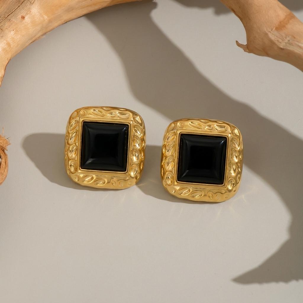 Chunky Vintage Black Stainless Steel Stud Earrings for Women Irregular Geometric Gold Plated Earrings Waterproof Ears Jewelry
