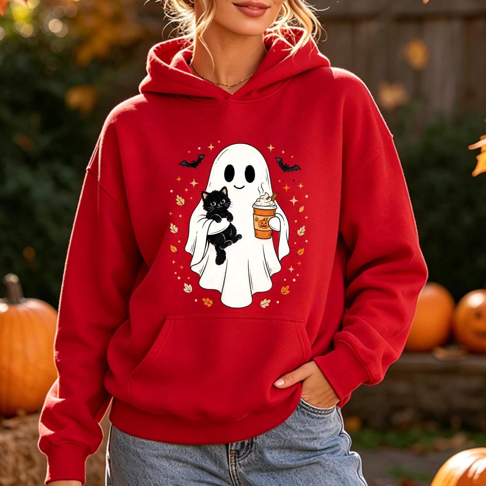 Cute Ghost Black Cat Sweatshirt Spooky Halloween Pumpkin Coffee Print Pullover Fall Winter Casual Long Sleeves Tops Unisex