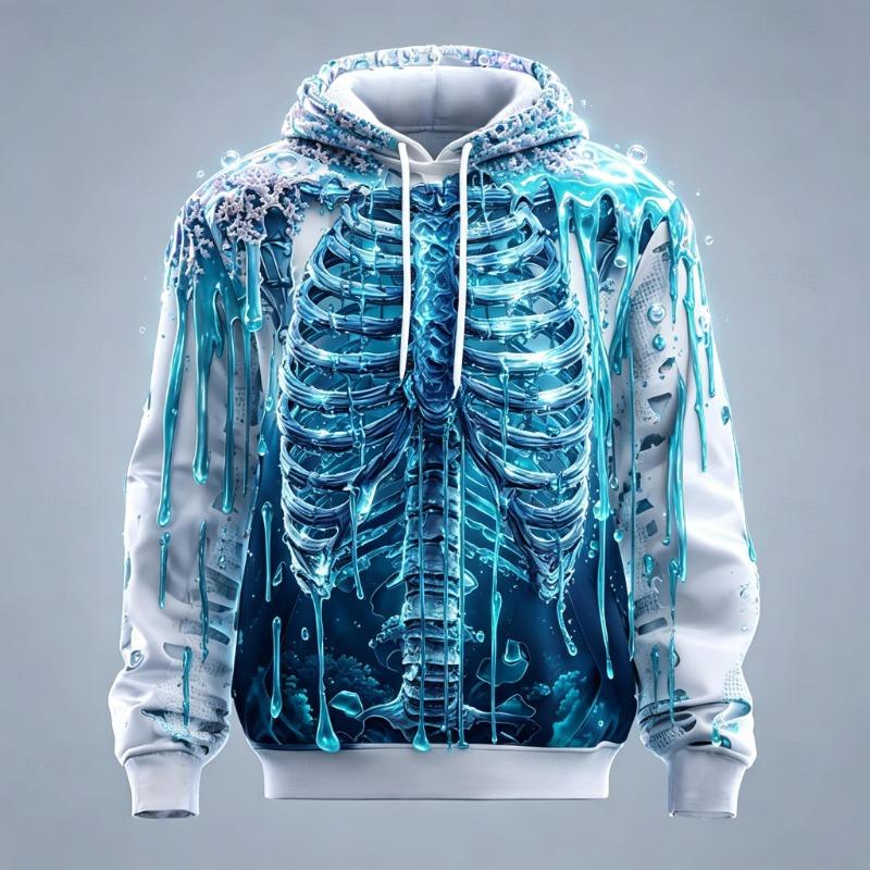 Men's Skeleton Ribcage Red Black Rose Full Print Hoodie Halloween Gothic Long Sleeve Hooded Sweatshirt For Club Street Style