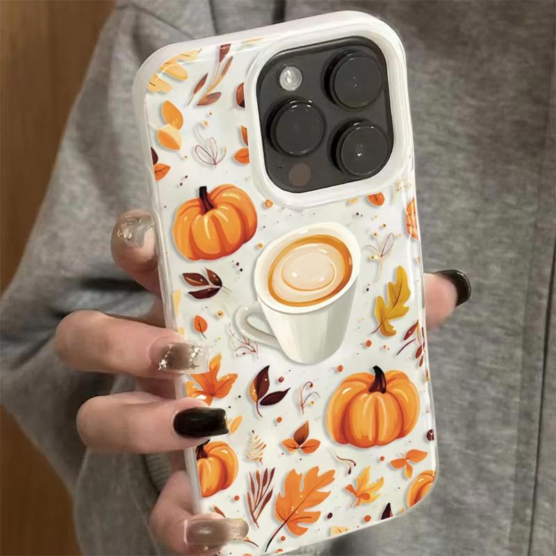 Pumpkin Autumn Leaves Coffee Pattern Phone Case For iPhone 16 Pro Max 17 Air 15 Plus 14 13 12 11 Folds Texture Soft Back Cover