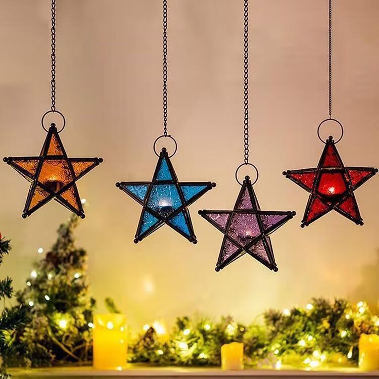Pointed Christmas Five Star Glass Candles House Ornament Candleholder Decoration