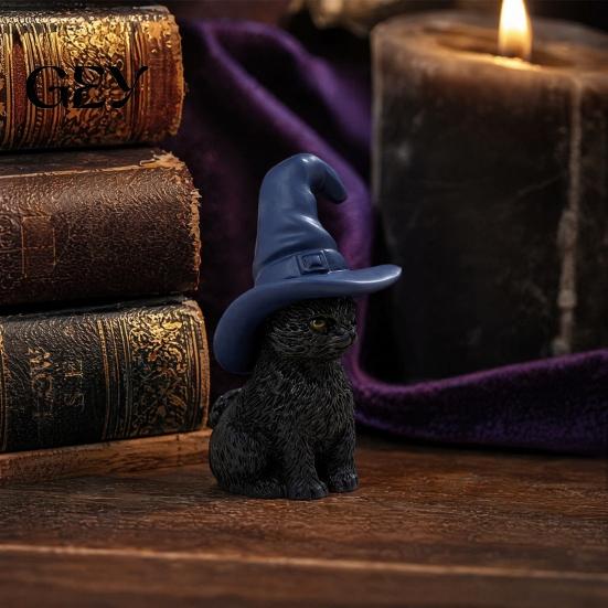 Durable Resin Cat Statue Halloween Figurine, Witch Hat/Moon/Pumpkin/Skull Black And White Ornament for Tabletop, Mantel, Shelf, Desk Decor Moon Skull