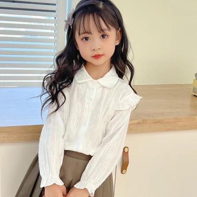 Merginų baltas medvilninis nėrinių ilgomis rankovėmis marškinys – Pavasario/Rudens mokyklinė uniforma