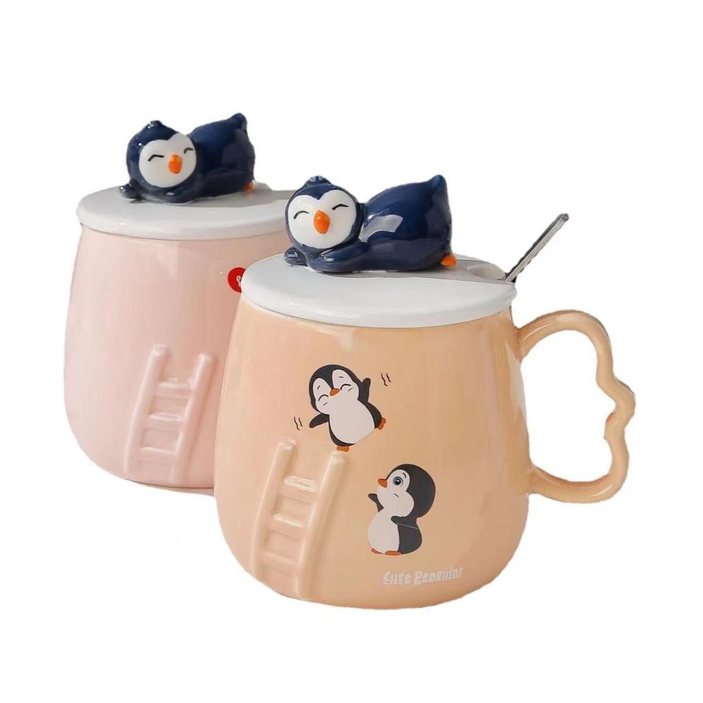 Ceramic Cup with Lid Creative Cartoon Three Dimensional Relief Penguin Mug  Office Home  Student Gift and Souvenir
