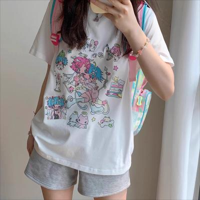 2025 lato czysta bawełna Kobiety zabawny kreskówkowy nadruk T-shirt harajuku Okrągły dekolt oversize Casual Y2K Topy koszulki streetwear dla młodej dziewczyny