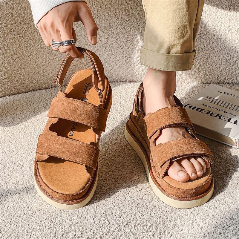 Men Cowhide Non-Stuffy Feet Fashion Sandals Summer New Couple Thick Bottom Increased Super Soft Outdoor Slippers Women